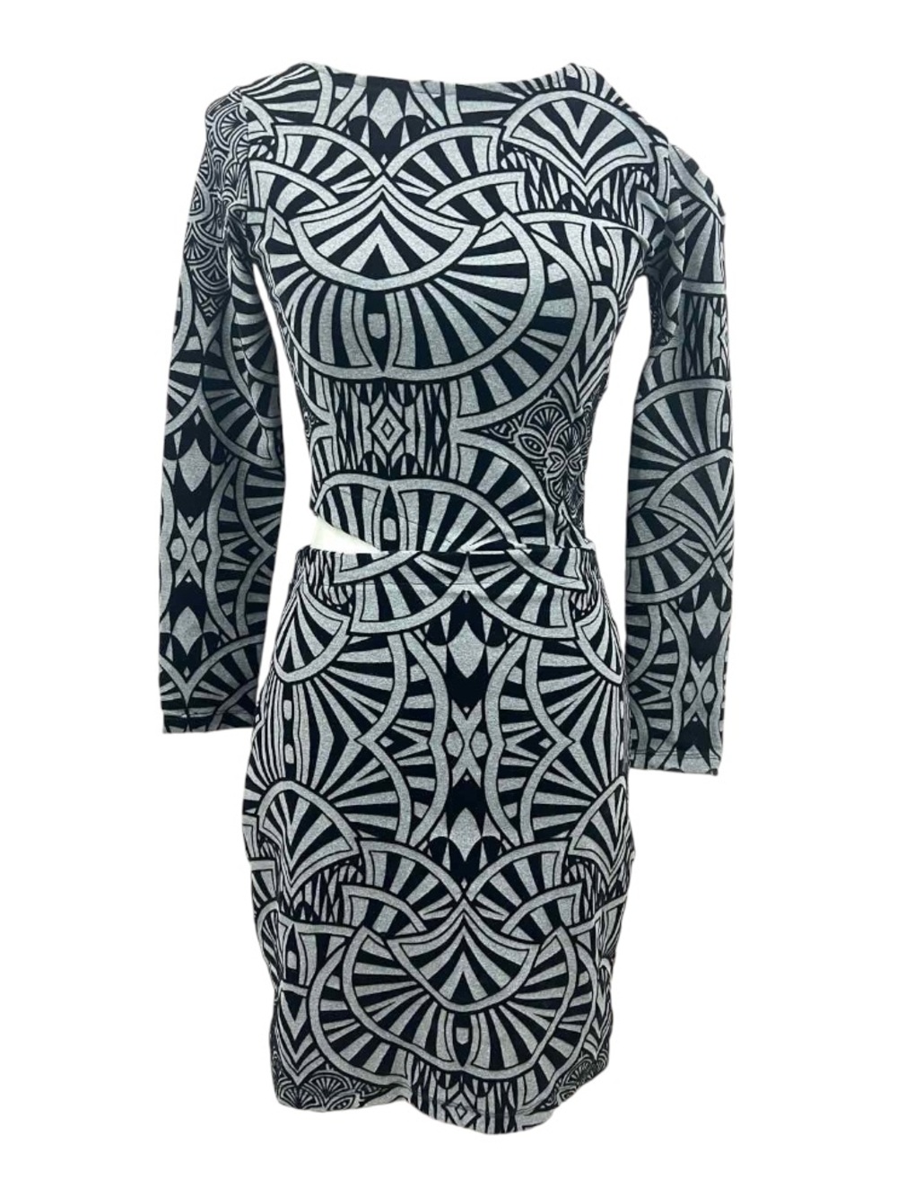 Iorane Abstract Art Deco Velvet Print Long Sleeve Cutout Bodycon Cocktail Dress